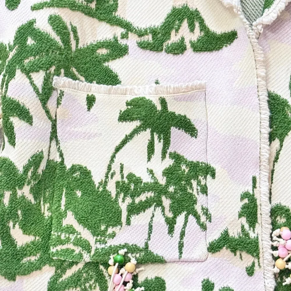 New Maje Imprime Aloha Beige Green Palm Tree Jacket Macrame Belted Sz 1 / US S - Picture 5 of 16